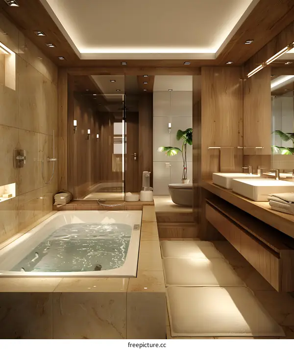 柚木与大理石完美结合的卫浴空间