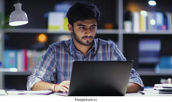 Focused Young Man Working Late Night at Home