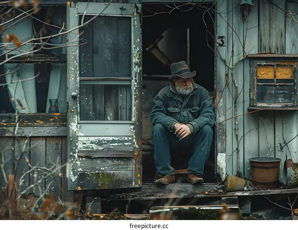 An old man sits on the porch of an abandoned house
