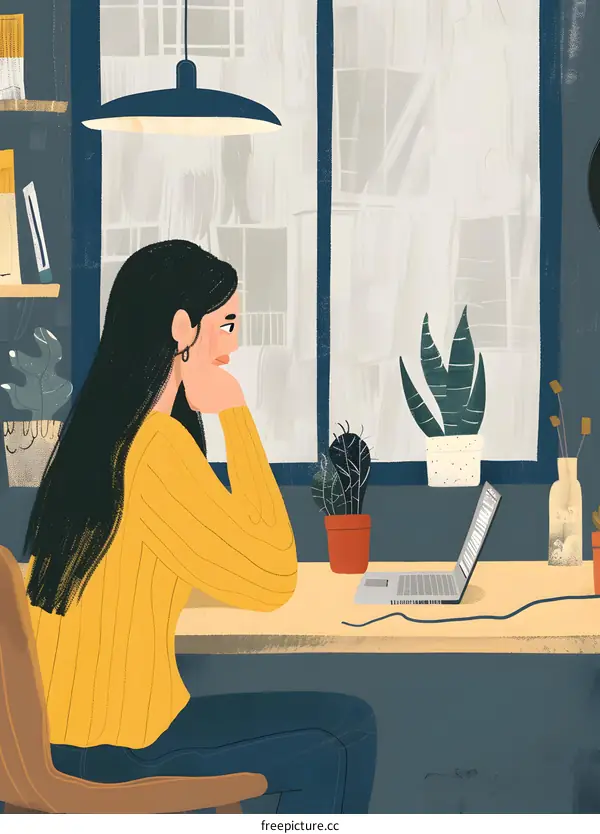 Young Woman Sitting at Desk with Laptop