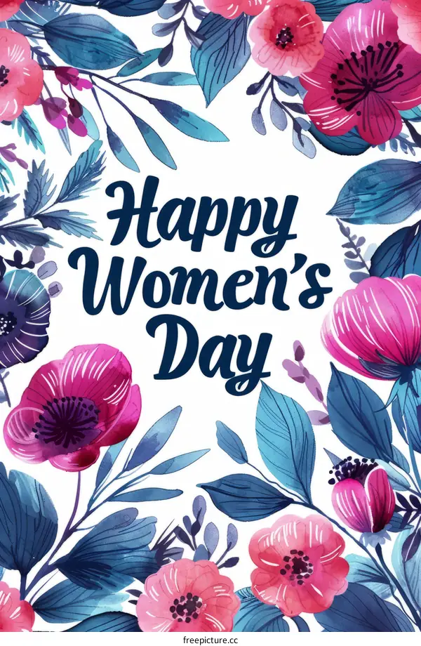 Happy Women's Day. Pink and Blue Watercolor Floral Frame