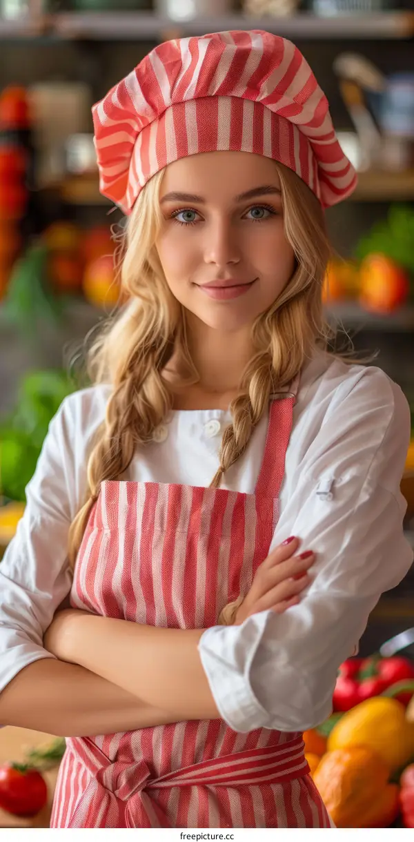 Portrait of a Beautiful Young Female Chef in Striped Apron and Toque