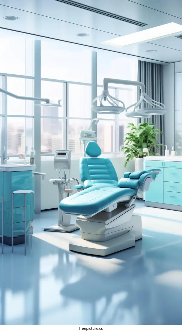 Modern Dental Clinic Featuring a Spacious Room with a Large Window and Advanced Dental Chair
