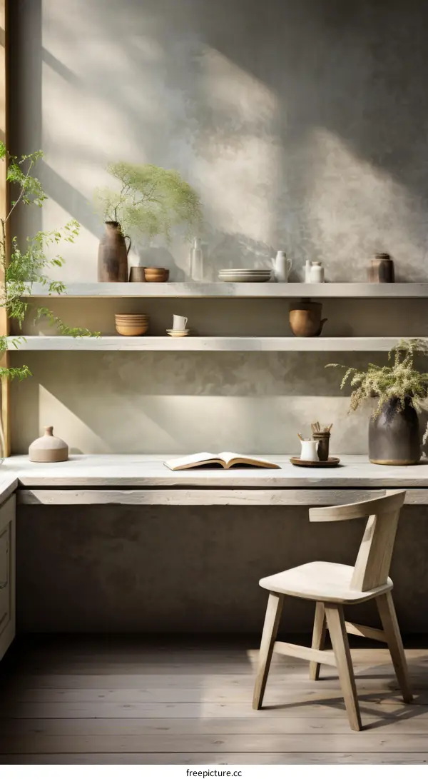 A stylish and minimalist home office with a large desk, a comfortable chair, and plenty of natural light