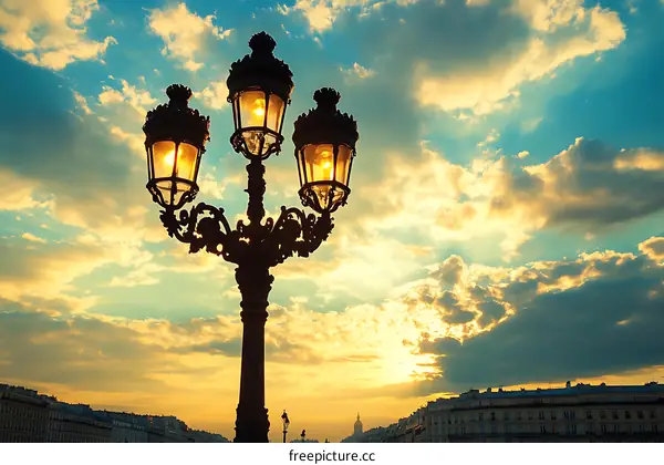 Paris Street Lamp Silhouette with Sunset Clouds