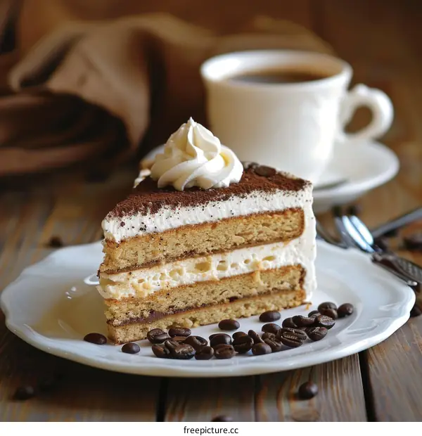 Tiramisu cake with coffee beans and a cup of coffee