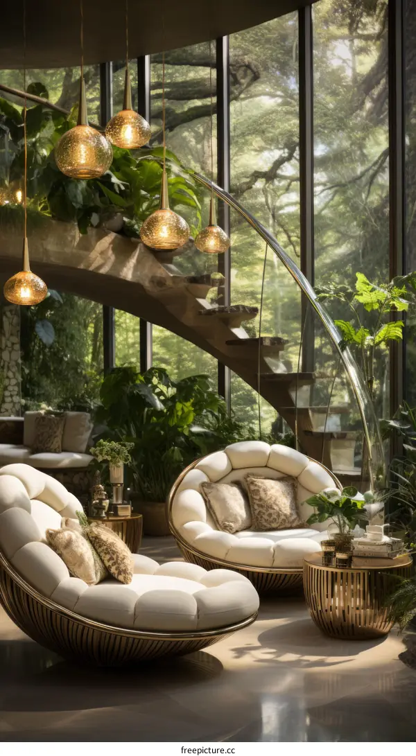 Modern living room interior with large glass windows and green plants