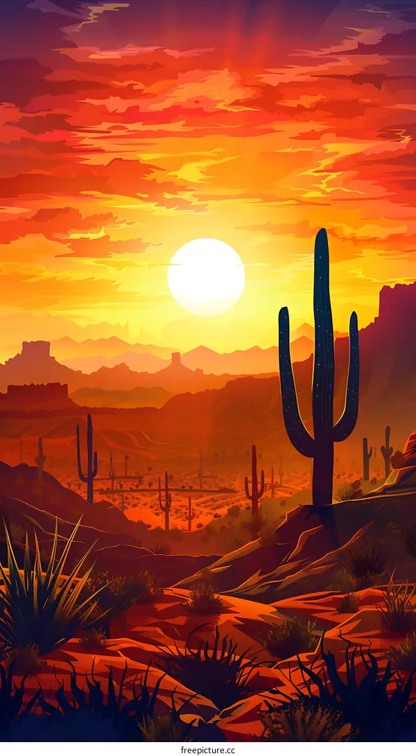 Sunset in the Desert with Cactus