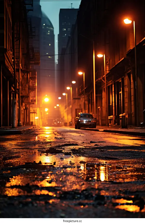 A dark and empty city street with a car parked at the end of the street under the orange streetlights.