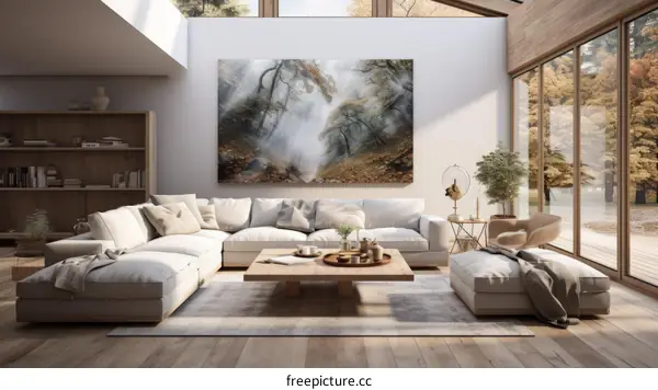 Modern living room interior with a large painting of a forest on the wall