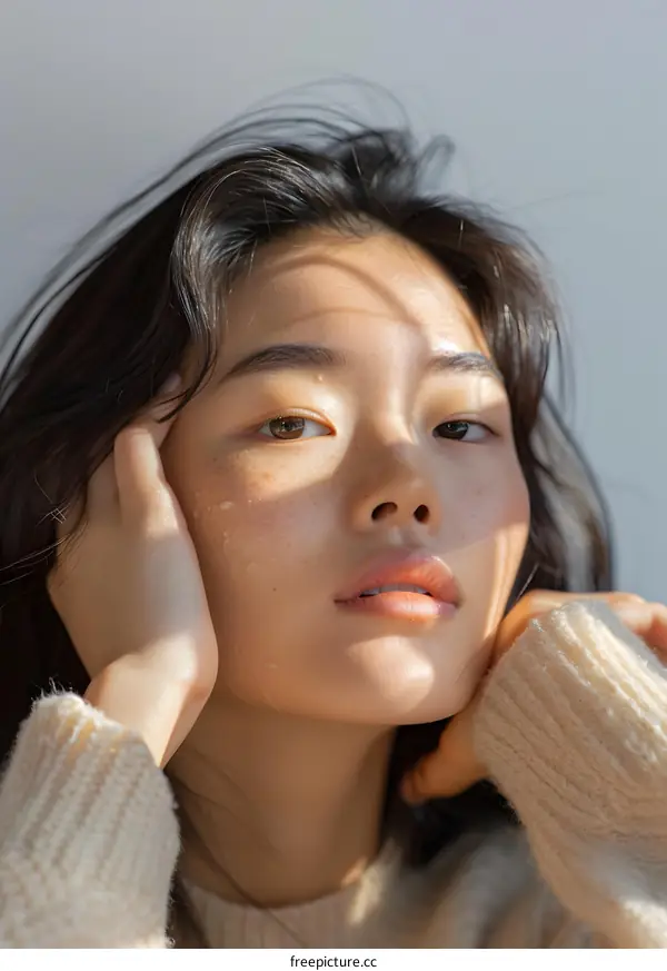 Closeup Portrait of Young Asian Woman with Freckles Looking Away