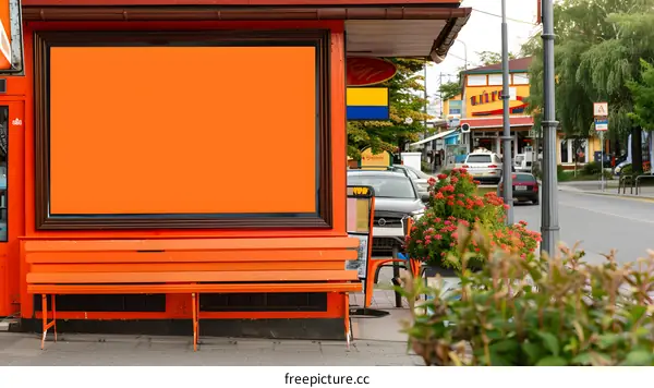 Orange Wall With Blank Billboard And Bench