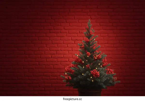 Christmas Tree Decorated on Red Brick Wall