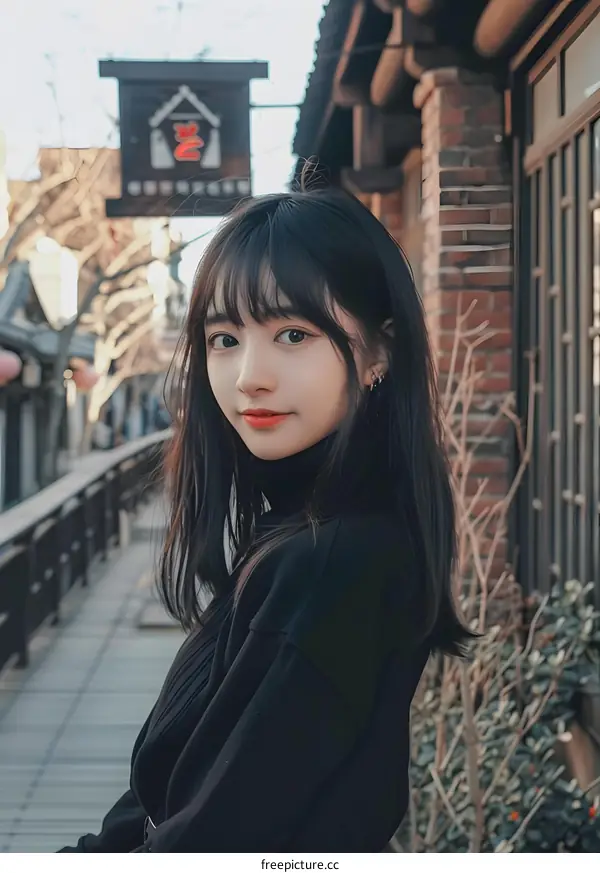 Young Woman in Black Turtleneck Posing in Front of an Asian Building