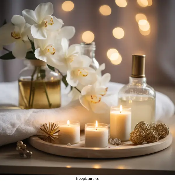 Orchid flowers and candles on a wooden tray with a white towel in the background