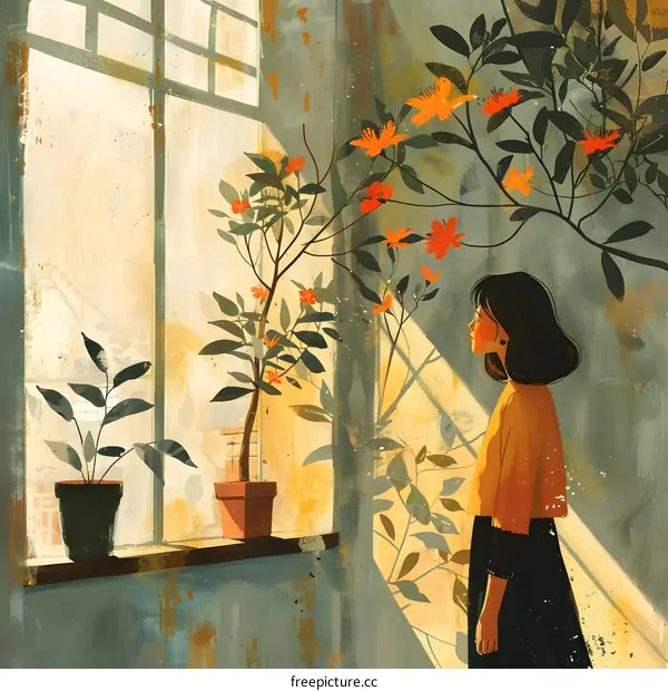 Woman Looking Through Window with Flowers