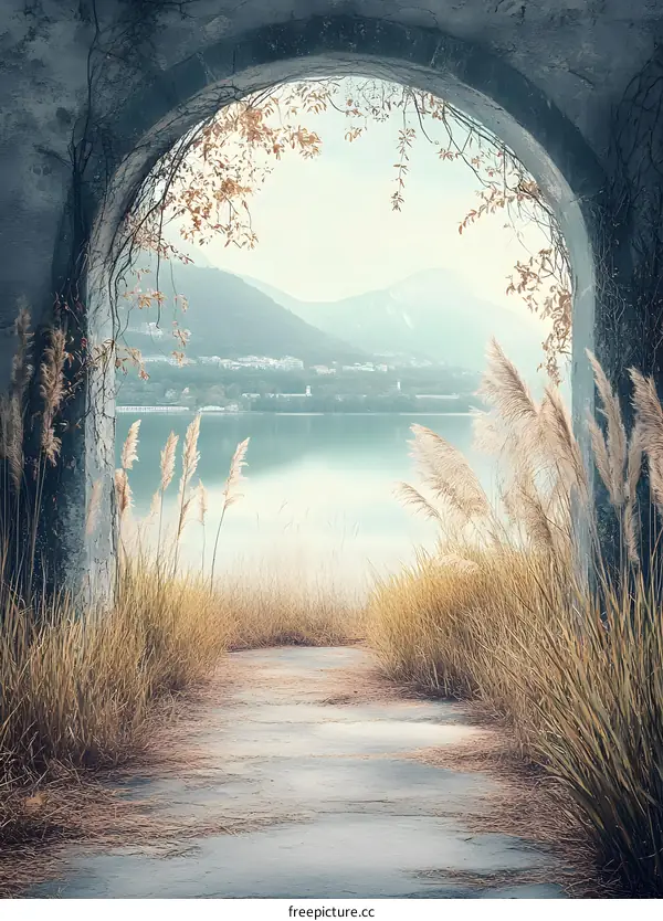 Stone Archway View of Lake and Mountains