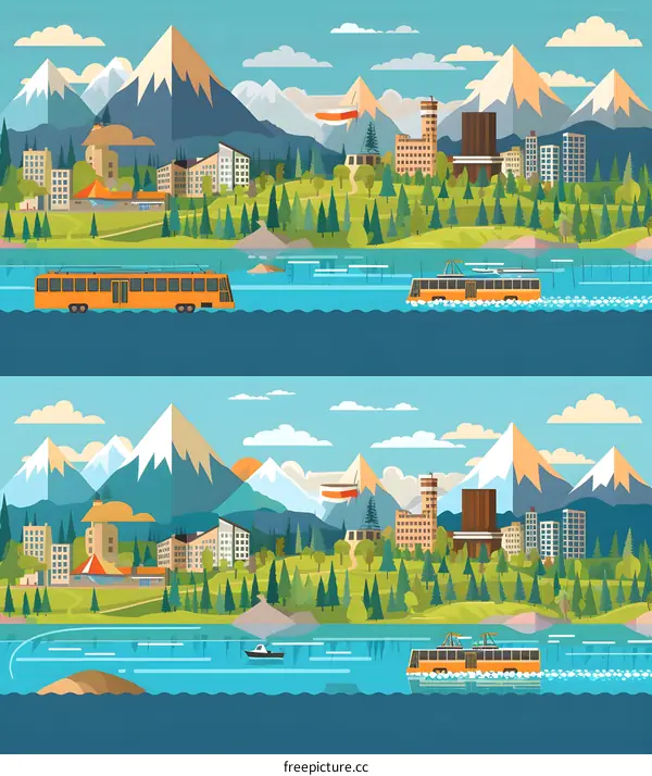 Mountain City With Tram Crossing River Illustration