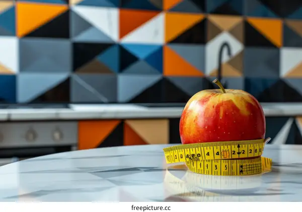 A red apple sits on a table with a measuring tape wrapped around it.