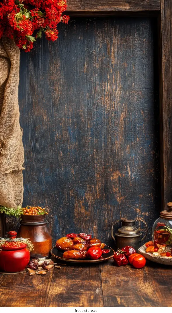 Autumnal Food Display on Rustic Wooden Table