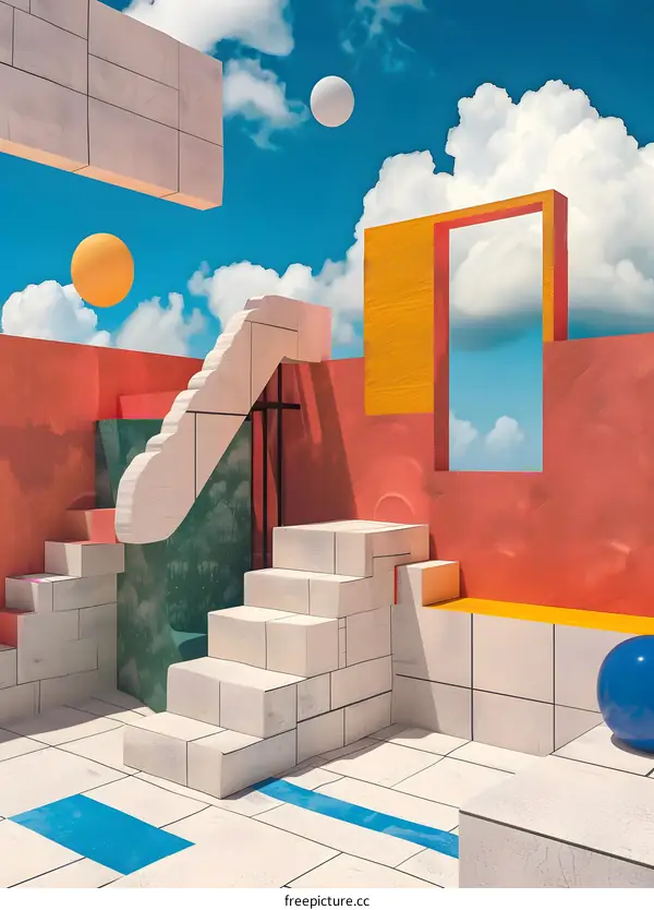 Abstract Geometric Staircase Illustration with Colorful Walls and Floating Shapes