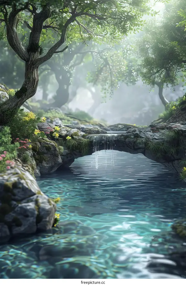 Enchanting Stone Bridge Traversing a Verdant Creek in a Serene Forest