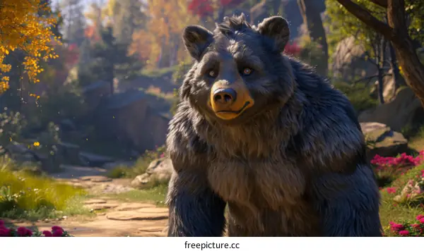 A large brown bear stands in a lush forest setting.