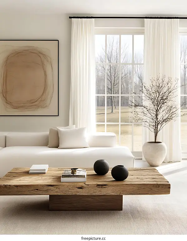 Modern Minimalist Living Room with Wooden Coffee Table