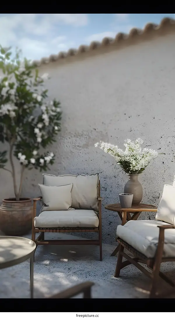 Minimalist Patio with Wooden Chairs and White Flowers