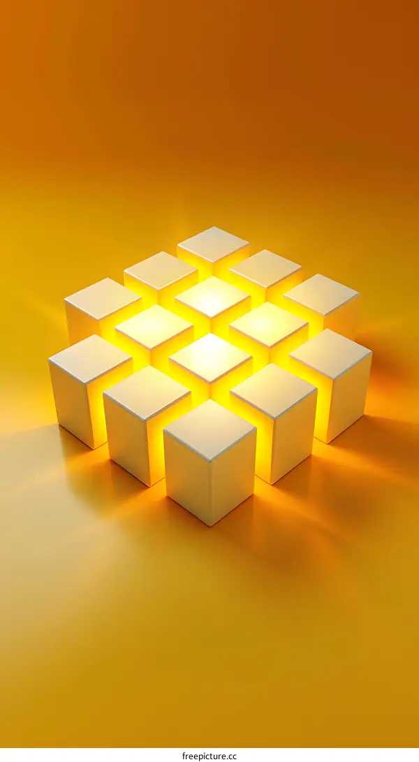 Abstract Yellow Glowing Cubes on Yellow Background