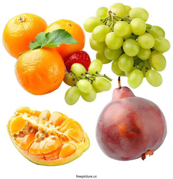 [Transparent Background PNG]Fresh Fruit Arrangement With Pear, Grapes, Orange, and Papaya