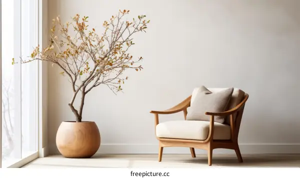 A wooden chair sits in front of a potted tree with a large window in the background.