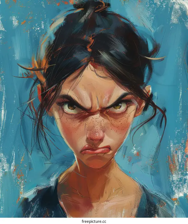 An illustration of a young woman with brown hair and freckles frowning