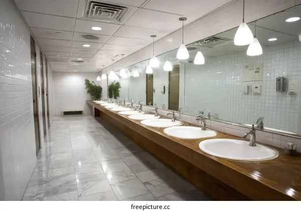 Modern Washroom Interior Design with Marble Flooring and Wooden Countertops