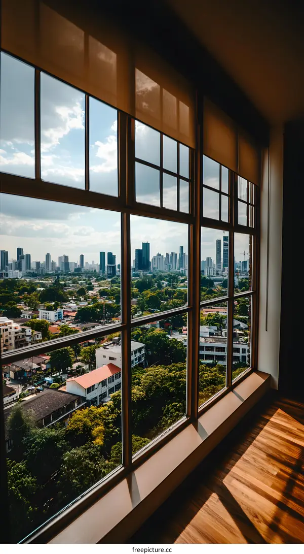 Cityscape View From Window With Blinds