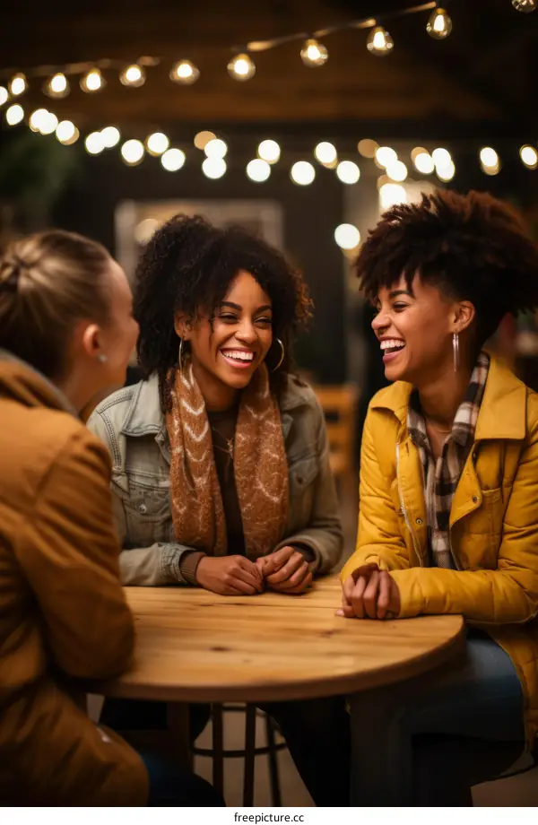 Three friends laughing and talking at a table