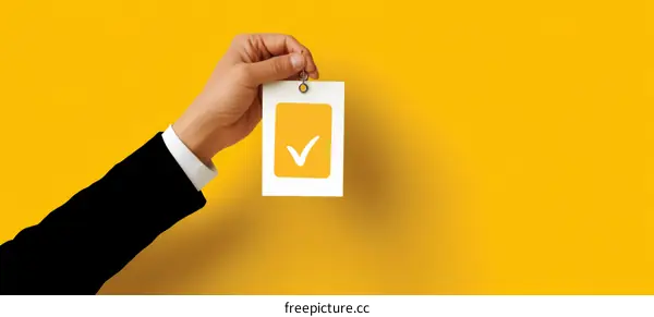 Hand Holding a Checkmark Tag Against a Yellow Background