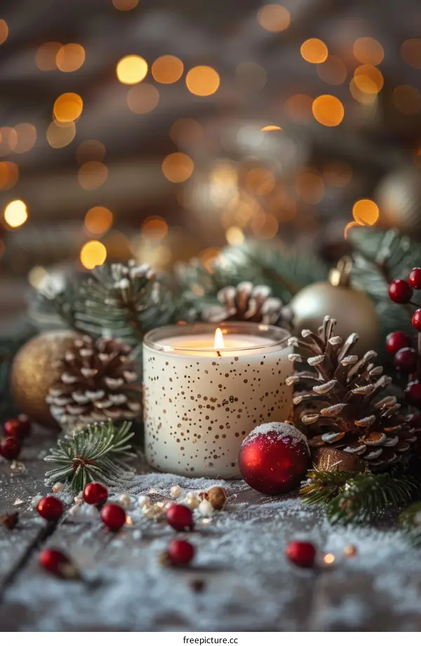 Rustic Christmas Candle With Festive Decorations of Baubles and Pinecones
