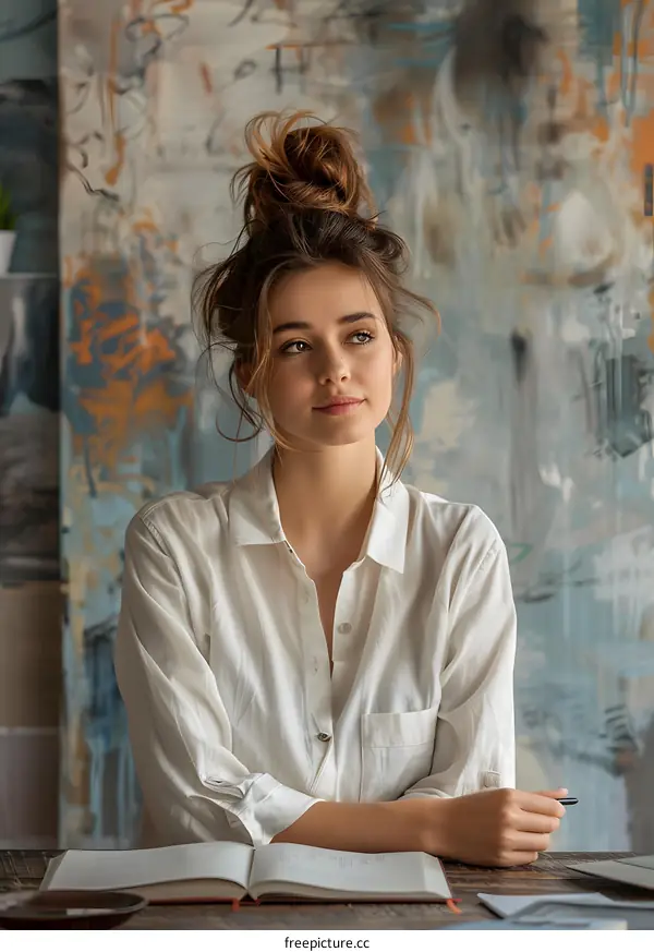 portrait of a young woman with brown hair wearing a white shirt sitting at a desk with an open book