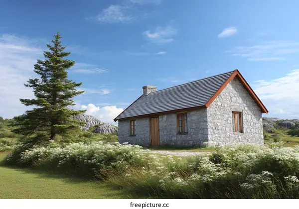 Rustic Stone Cottage Under a Clear Sky