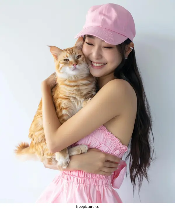A woman in a pink cap is hugging an orange cat