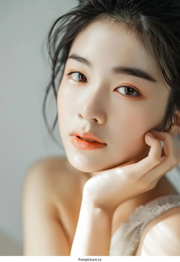 Beautiful Asian Woman Posing With Makeup and  Skincare