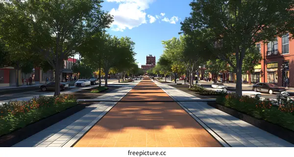 Urban Street Design with Trees and Brick Pathway