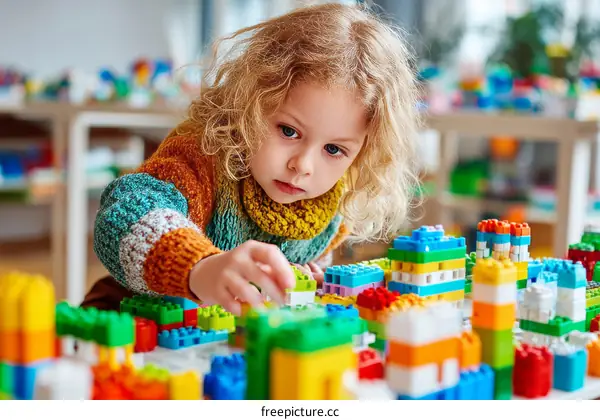 Little Girl Building with Colorful Blocks