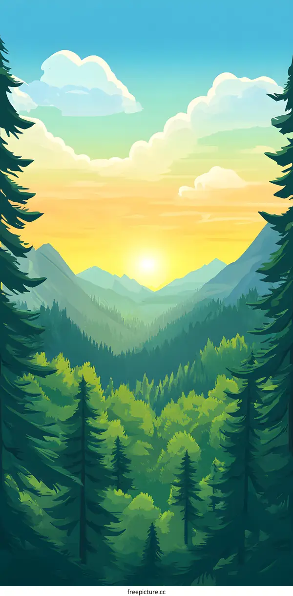 Sunrise Over Mountains and Forest