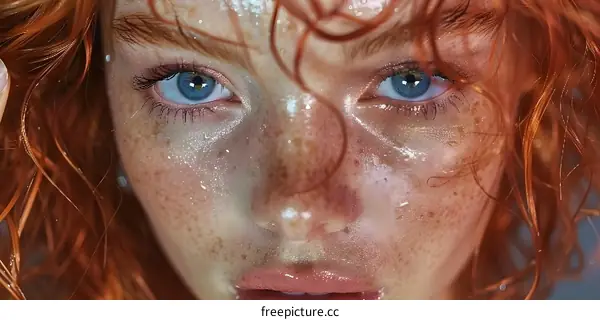 Portrait of a young woman with red hair, freckles, and blue eyes
