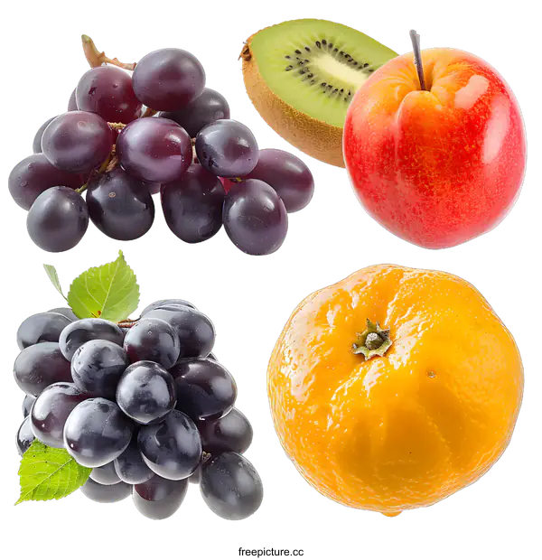 [Transparent Background PNG]Fresh Fruit Collage with Grapes Kiwi Apple and Mandarin