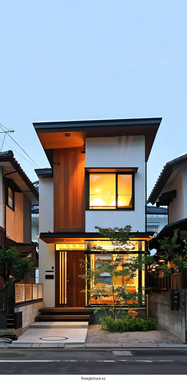 Modern Japanese House with Wooden Exterior and  Front Yard