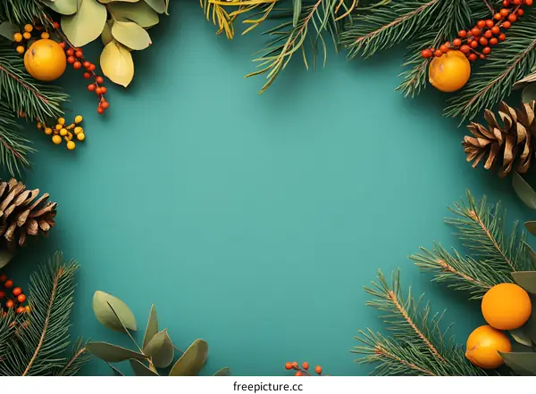 Christmas Decoration with Pine Branches and Berries on Teal Background
