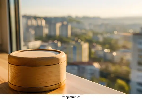 Wooden Box on Window Sill with City View